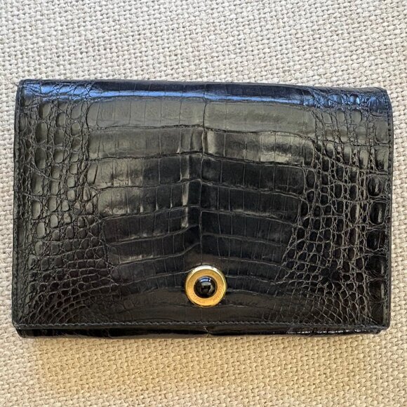 GENUINE CROCODILE Bi-Fold Women's Wallet Goldtone Paloma Picasso Couture ITALY - Picture 1 of 16